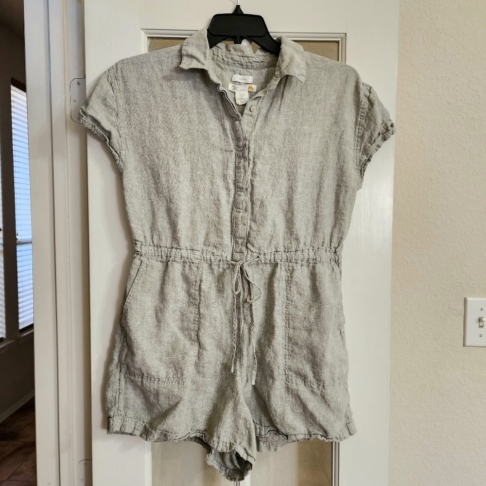 C&C California 100% Linen Collared Short-Sleeve Tie-Waist Romper Large Gray